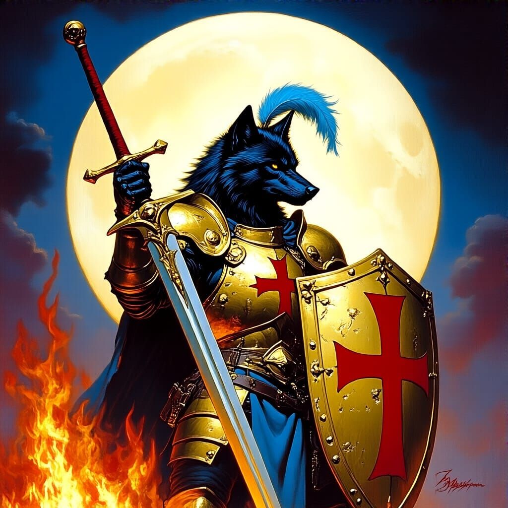 Armored Wolf with Fiery Sword Fantasy Illustration