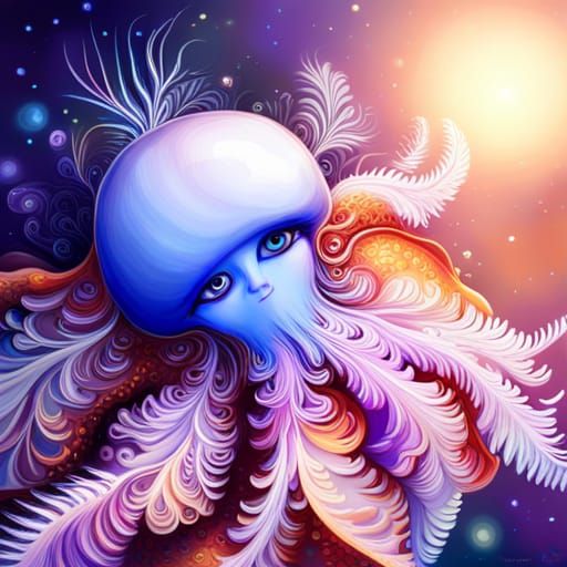 Intricate Blue Baby Jellyfish with Fractal Flowers