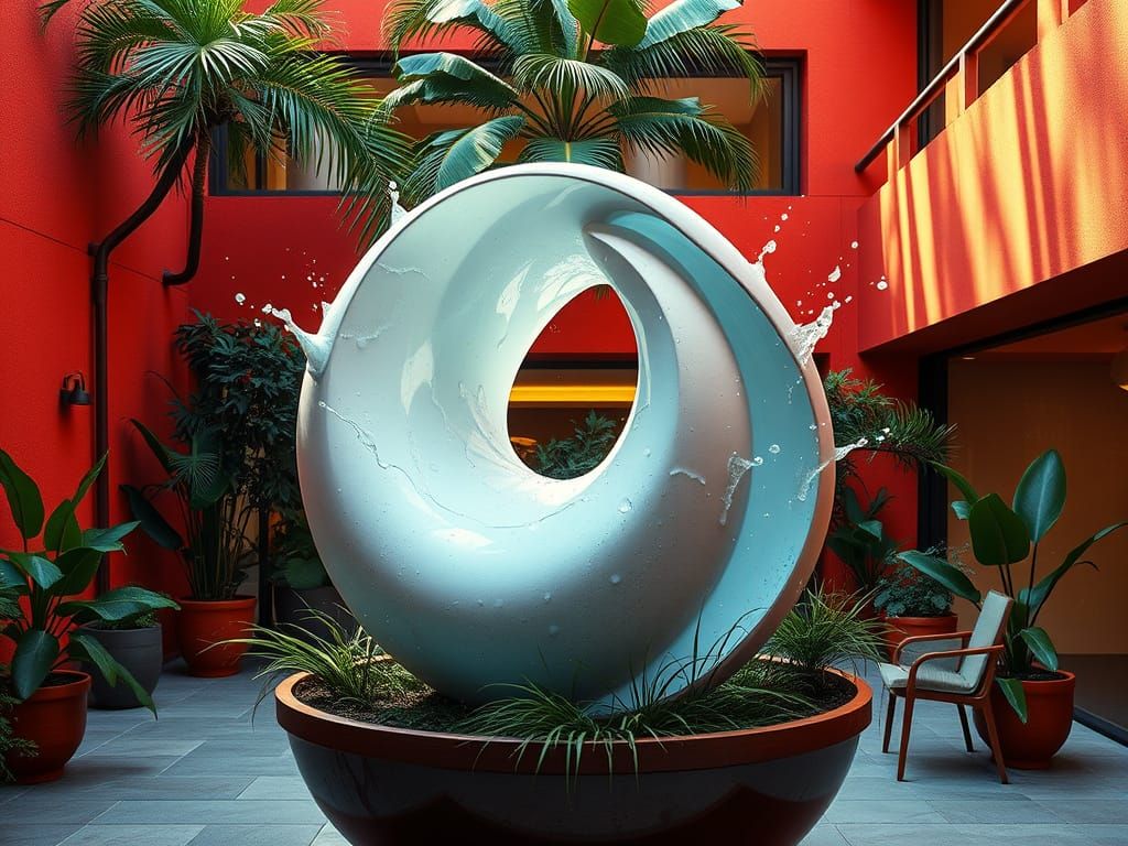 Abstract Modernist Sculpture in 1960s Courtyard