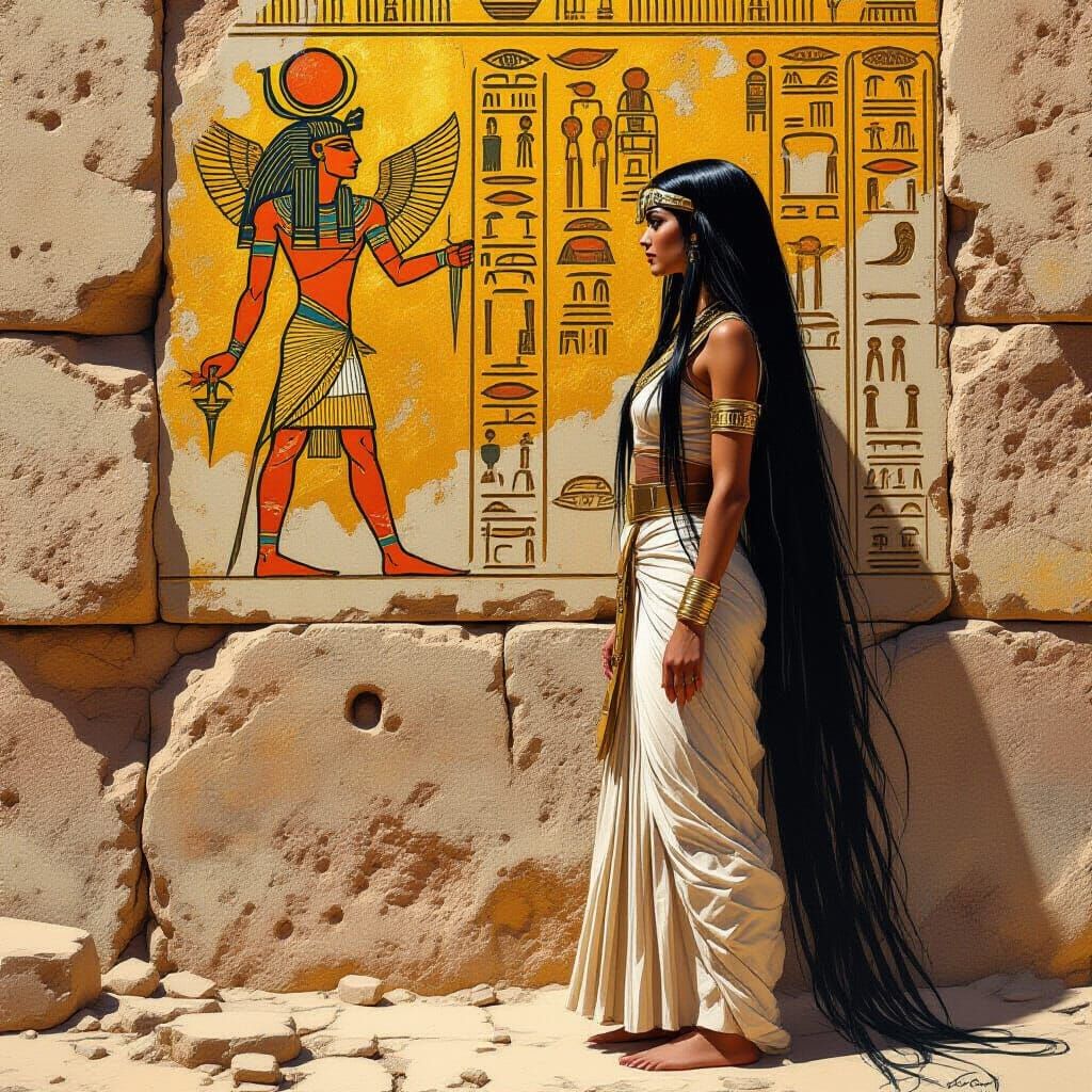 Egyptian Woman Before Hieroglyphic Wall in Oil Paint Style