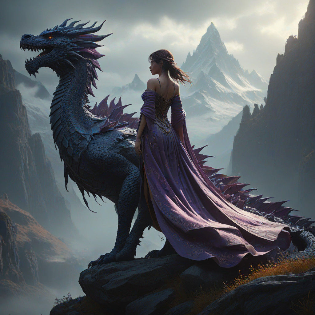 Ornate Fantasy Goddess Rides Majestic Dragon