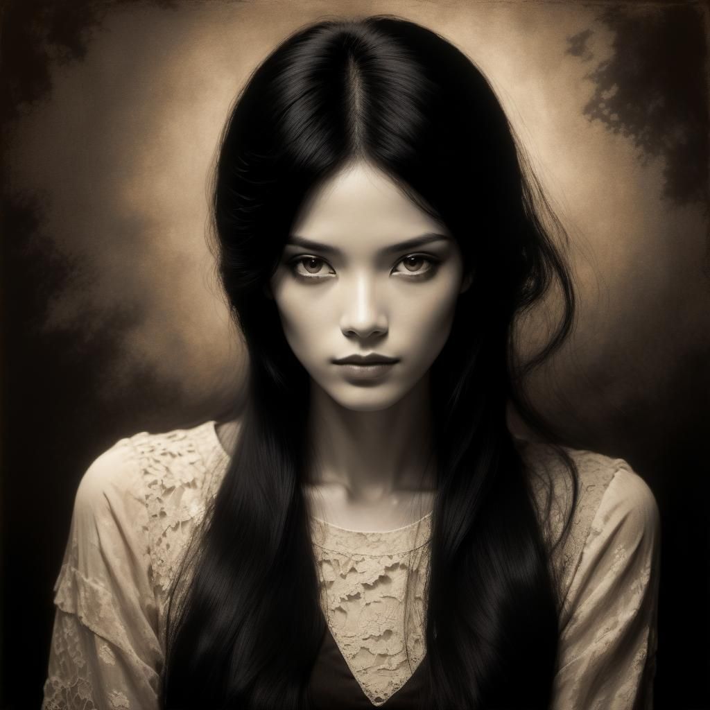 Woman with Black Hair in Chiaroscuro Style