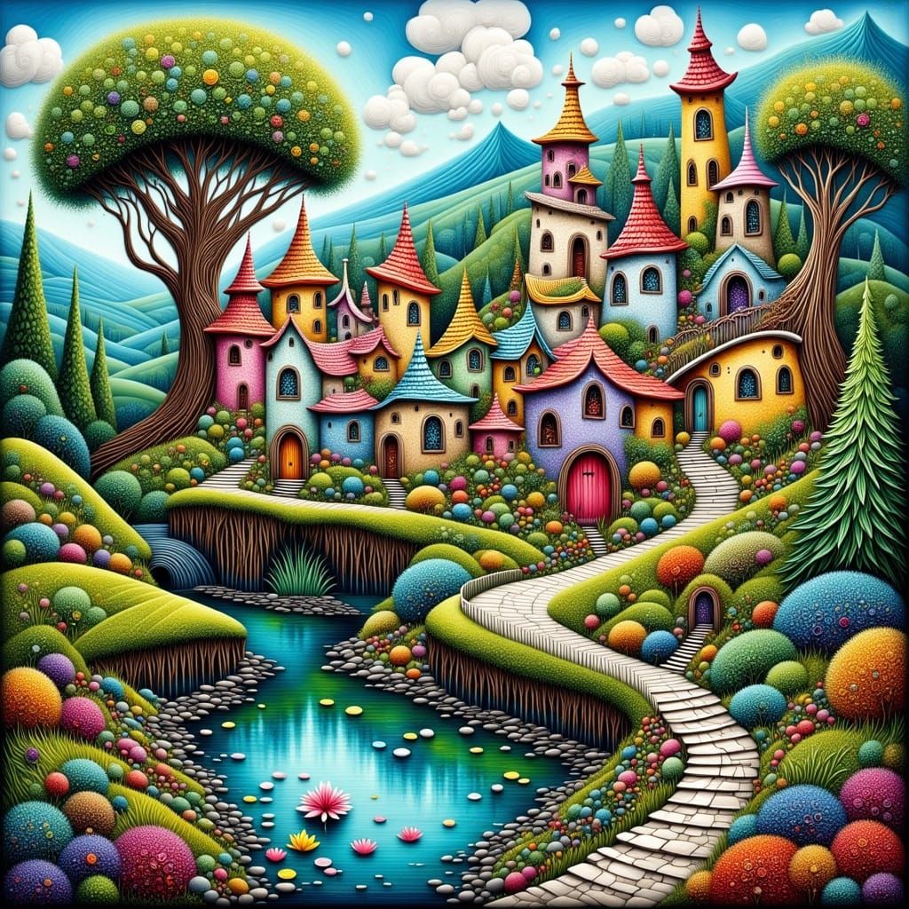 Charming Gaudi-Inspired Village Scene in Vibrant Oil Paintin...
