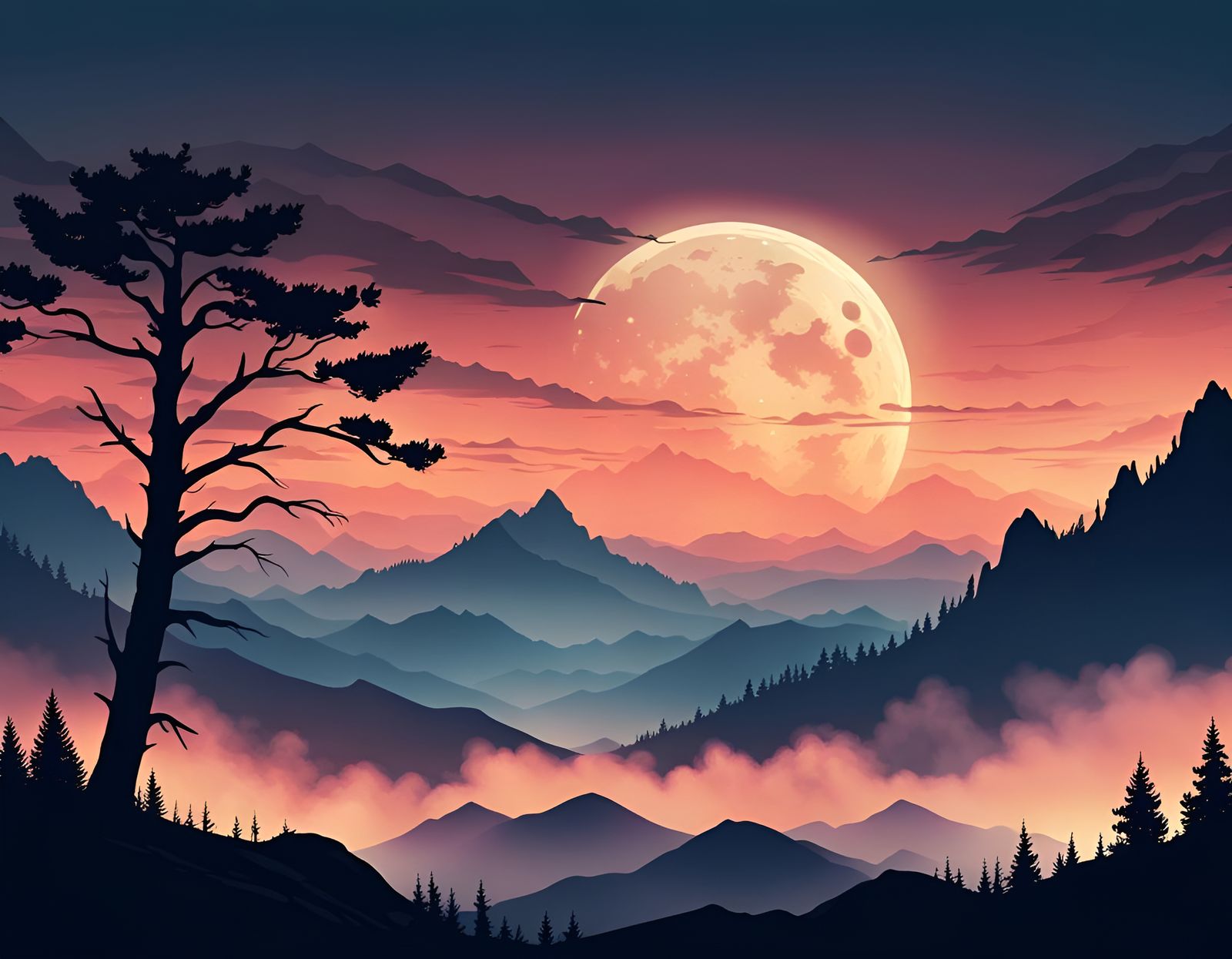 Silhouette Mountains and Moon Landscape in Vector Style
