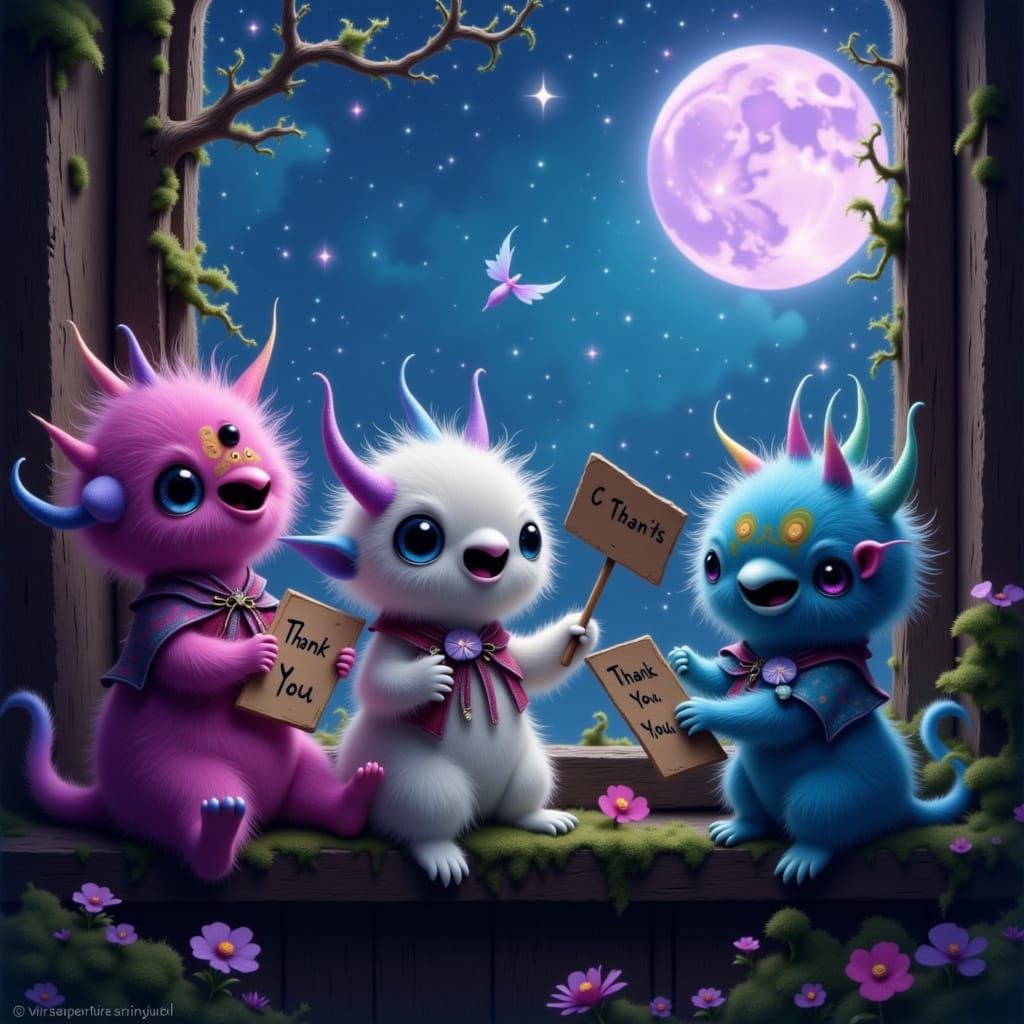 Mini Monsters Say Thank You on Starry Night