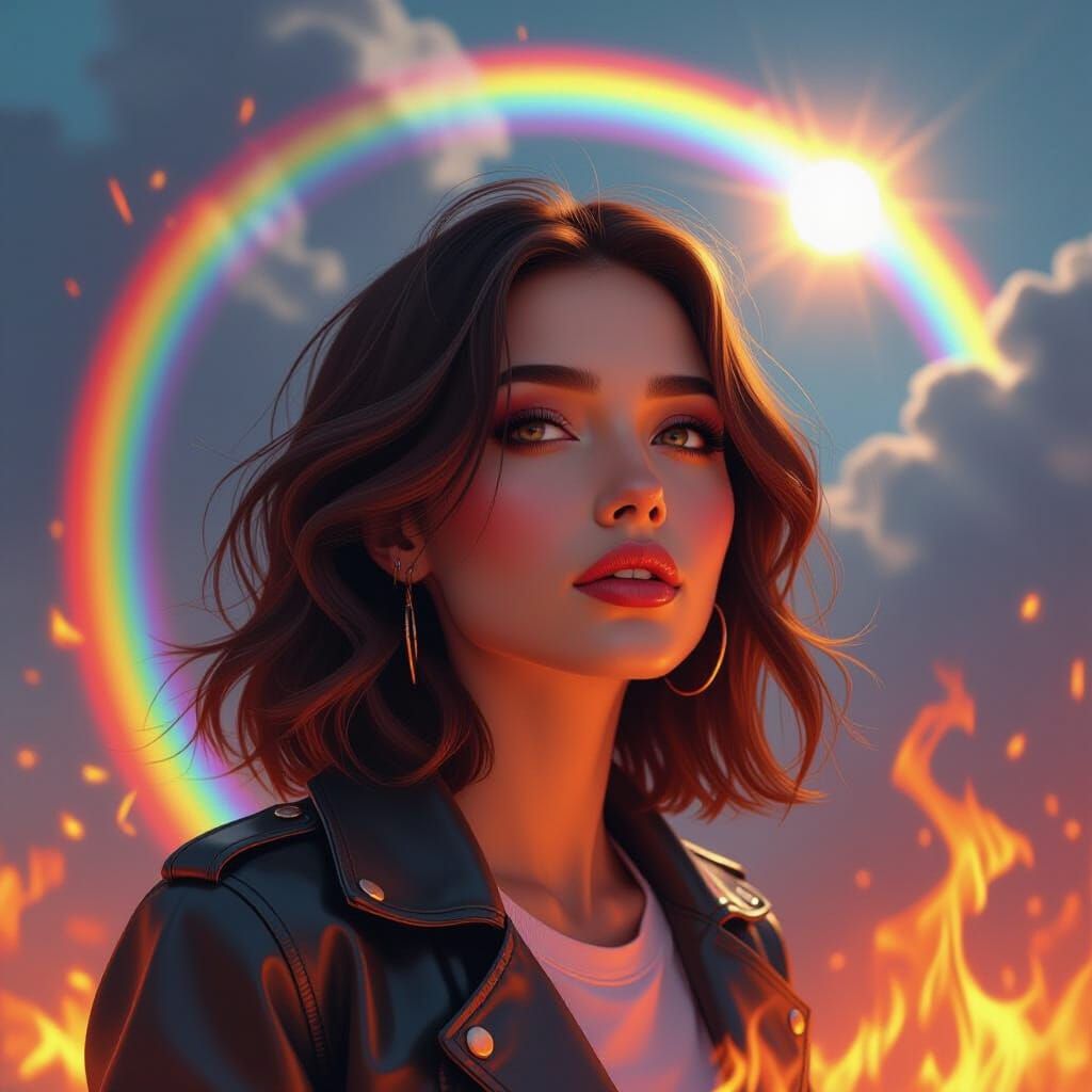 Surreal Woman in Rainbow Flames: Digital Neon Art