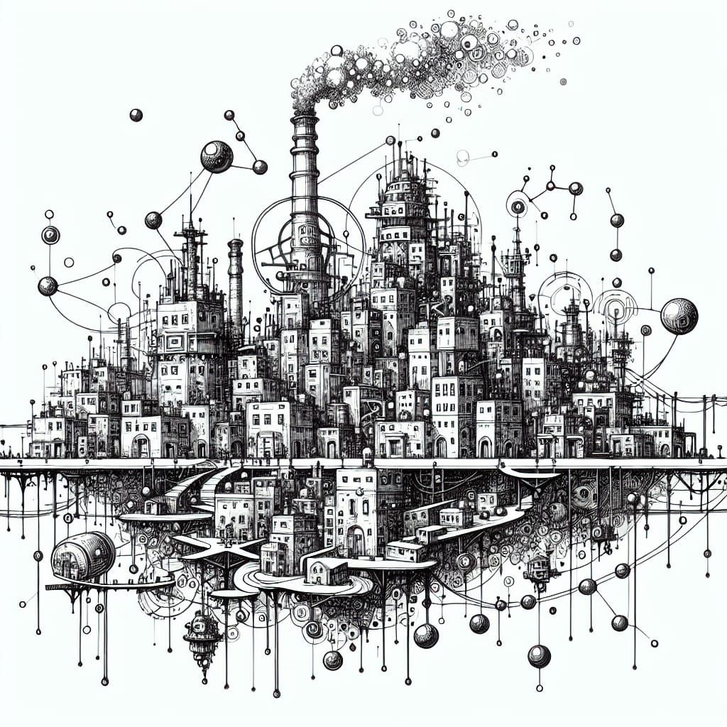 Whimsical Town Sketch with Stacked Buildings and Balloons