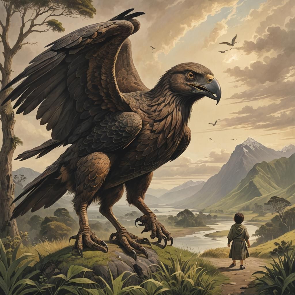 The mythical Te Hokioi, a giant bird of prey carrying away a...