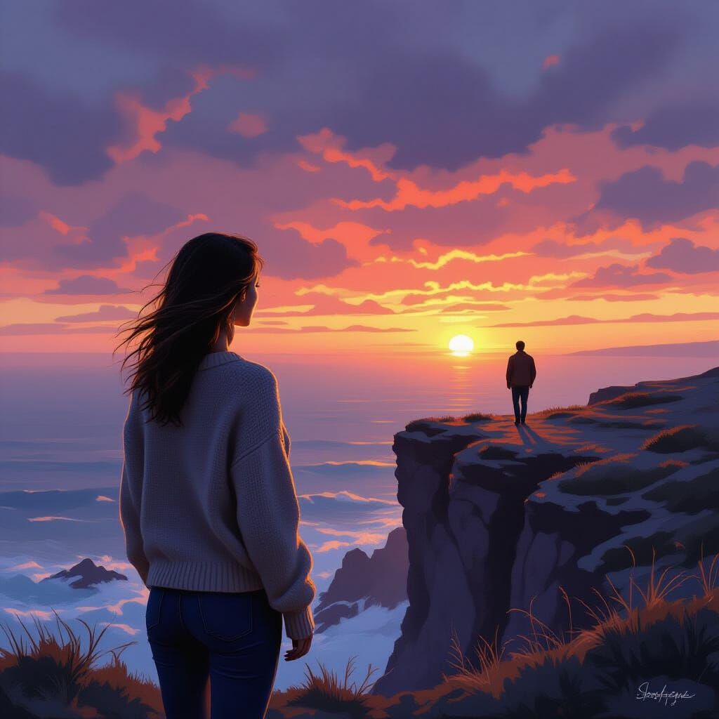 Woman Watching Man Walk Into Sunset, Atmospheric Lighting