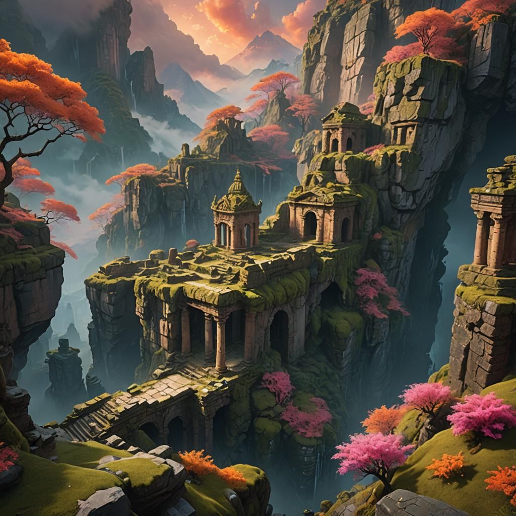 Mystical Ruins in Emerald Sunset, Fantasy Concept Art