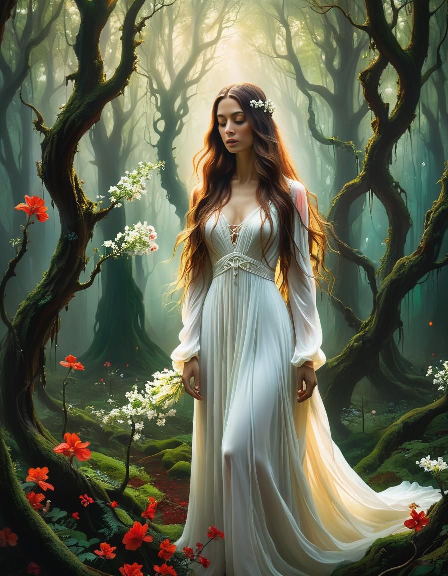 Mystical Forest Woman in Surreal Oil Painting