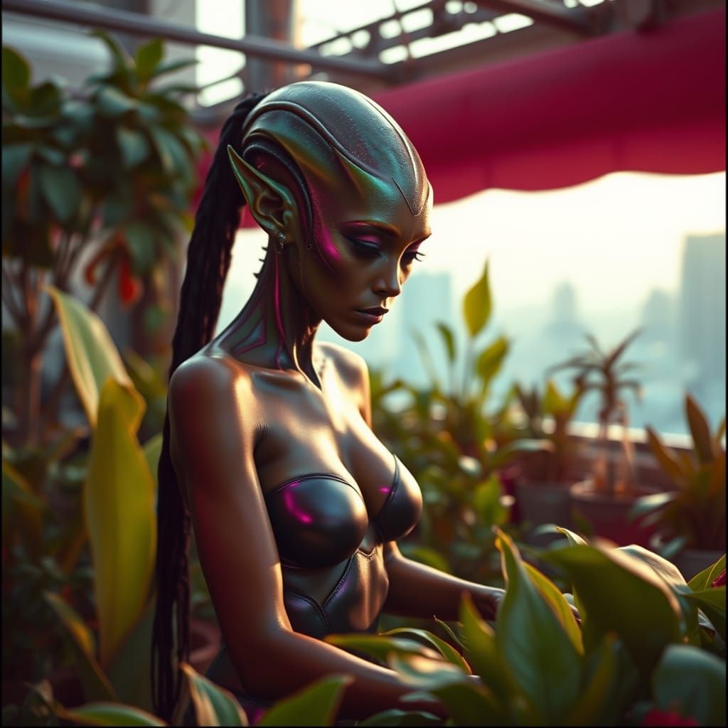 Sensuous Alien Woman Tends Futuristic Rooftop Garden