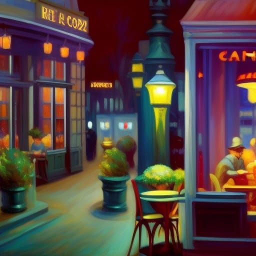 Paris Cafe at Night in Edward Hopper Style
