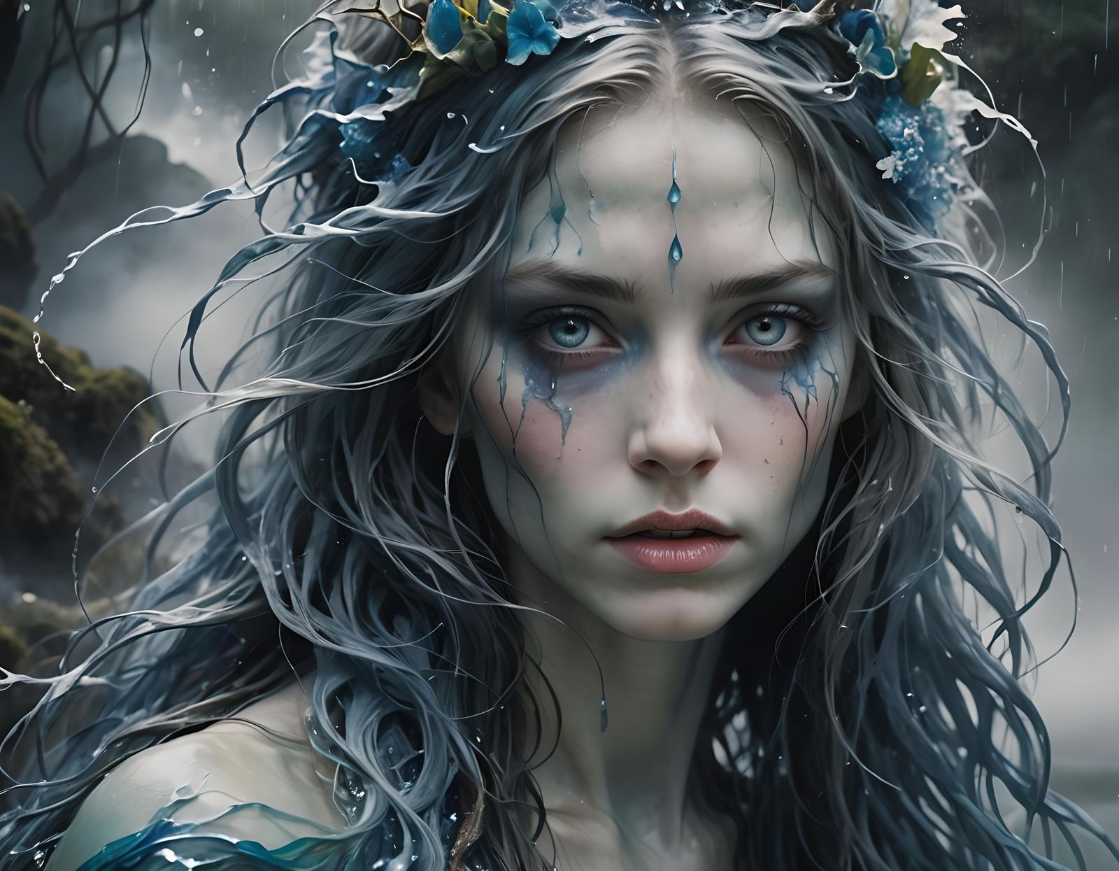 Ethereal Water Deity in Foggy, Decorative Scene