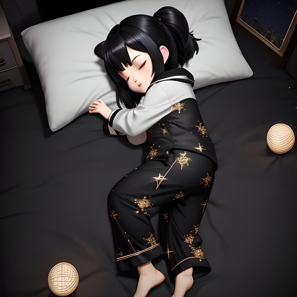Chibi Girl Sleeping in Starry Pajamas, 3D Anime Art
