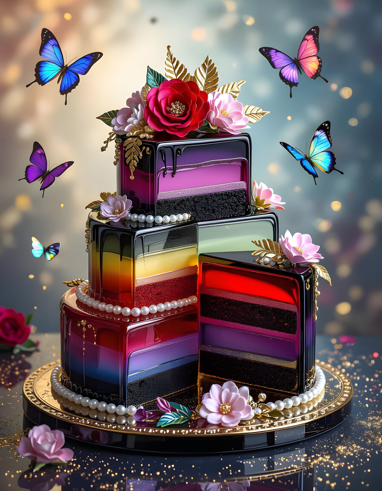 Glass Cake Statue with Iridescent Colors in Baroque Style