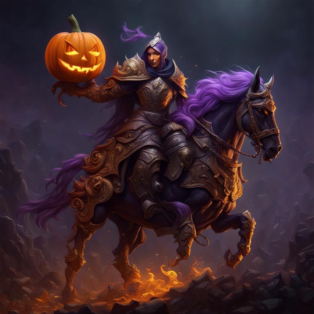 Jack-o'-Lantern Knight on Dark Horse in Dark Fantasy Style