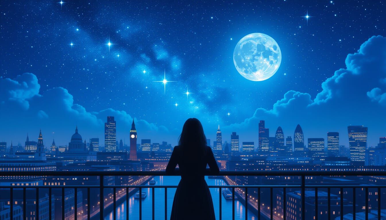 Woman on London Balcony Under Starry Velvet Night Sky
