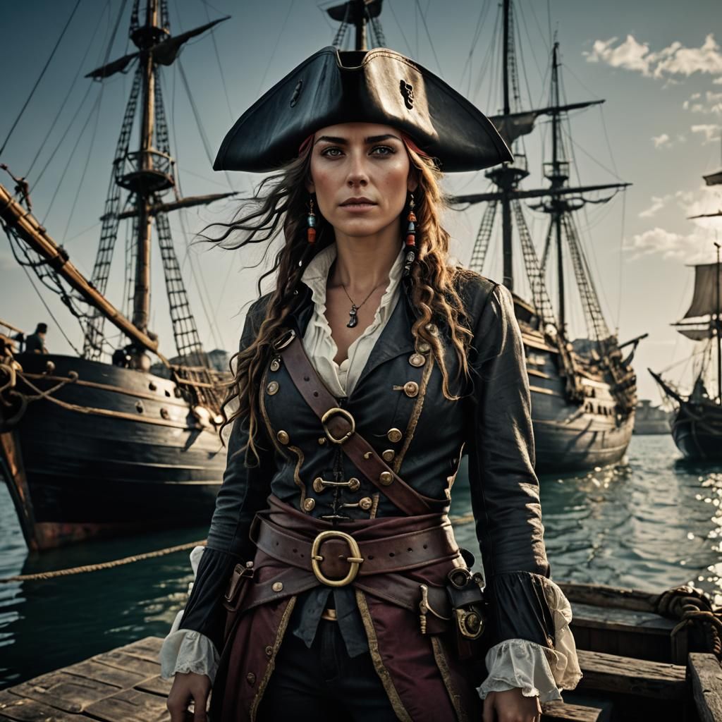 Detailed Portrait of Female Pirate in Ancient Harbor
