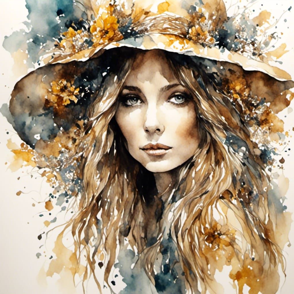 1970s Portrait of Woman in Watercolor and Ink