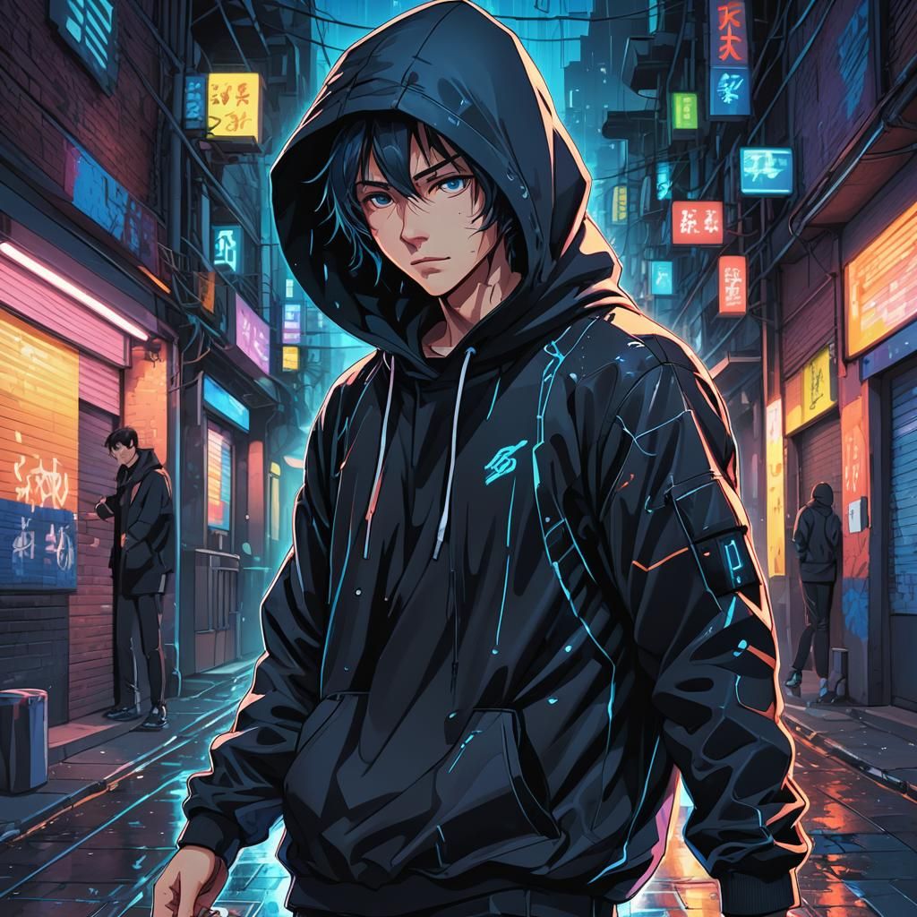 Anime Hacker in Neon City Alleyway