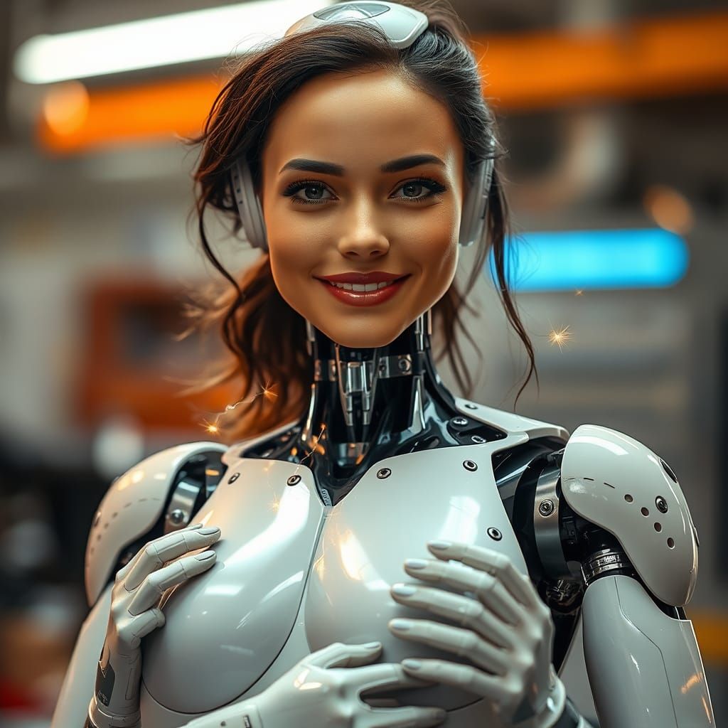 Smiling Woman Being Repaired with Electric Sparks