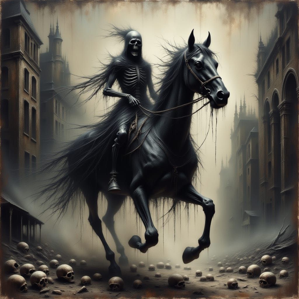 Skeleton Rider in Dark City, Grungy Impasto Style