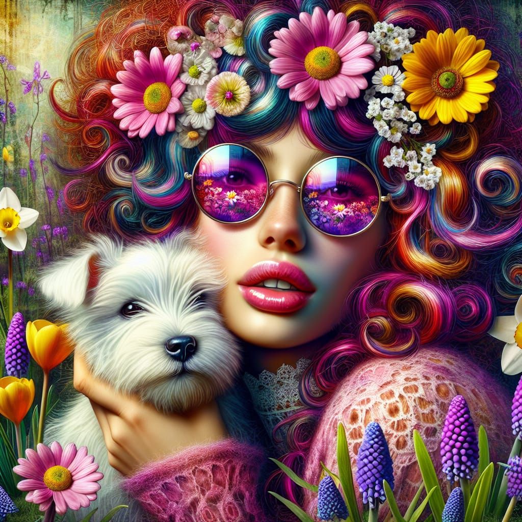 Vibrant 1960s Hippie Woman with Wild Hair and Flower Power