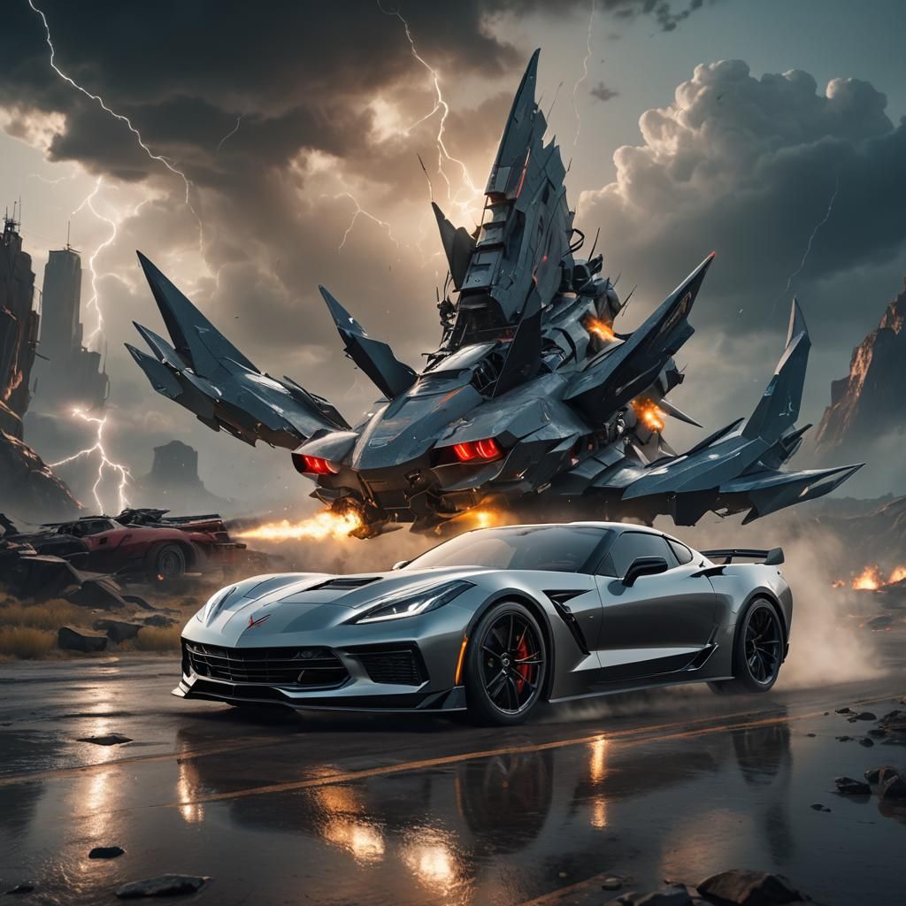 Corvette Against Thunderstorm in Fantasy Art Style