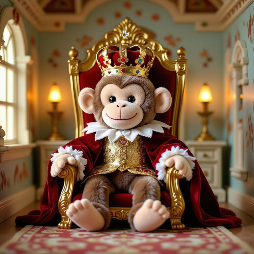 Regal Plush Monkey King on Throne in Toyhouse