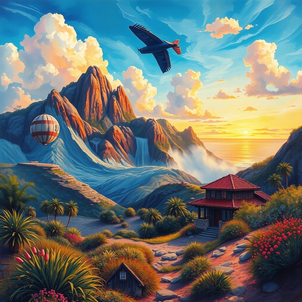 Surreal Vacation Scene in Impressionist-Style Watercolor