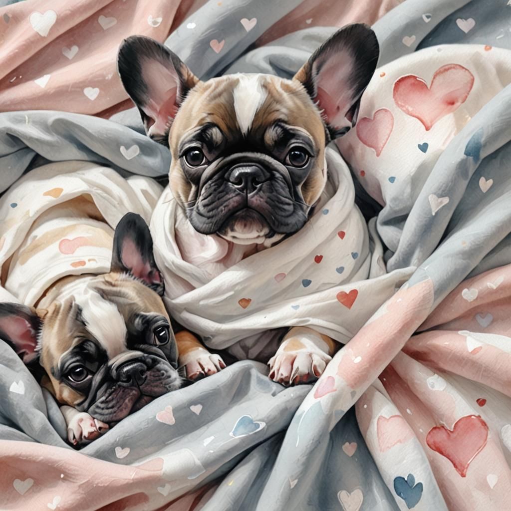 Whimsical Watercolor Babies and French Bulldog in Cozy Heart...