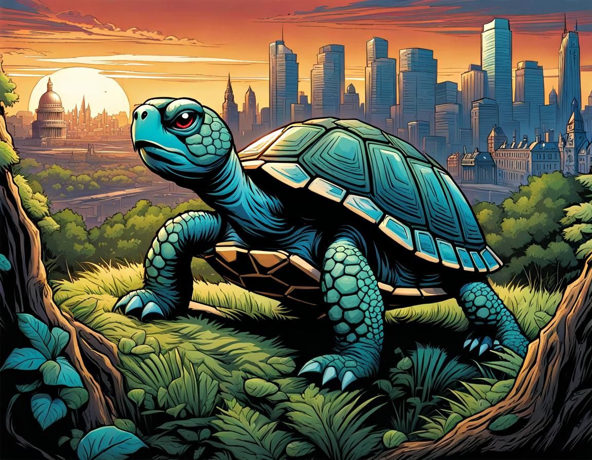 Turtle Monster Overlooking London in Manga Style