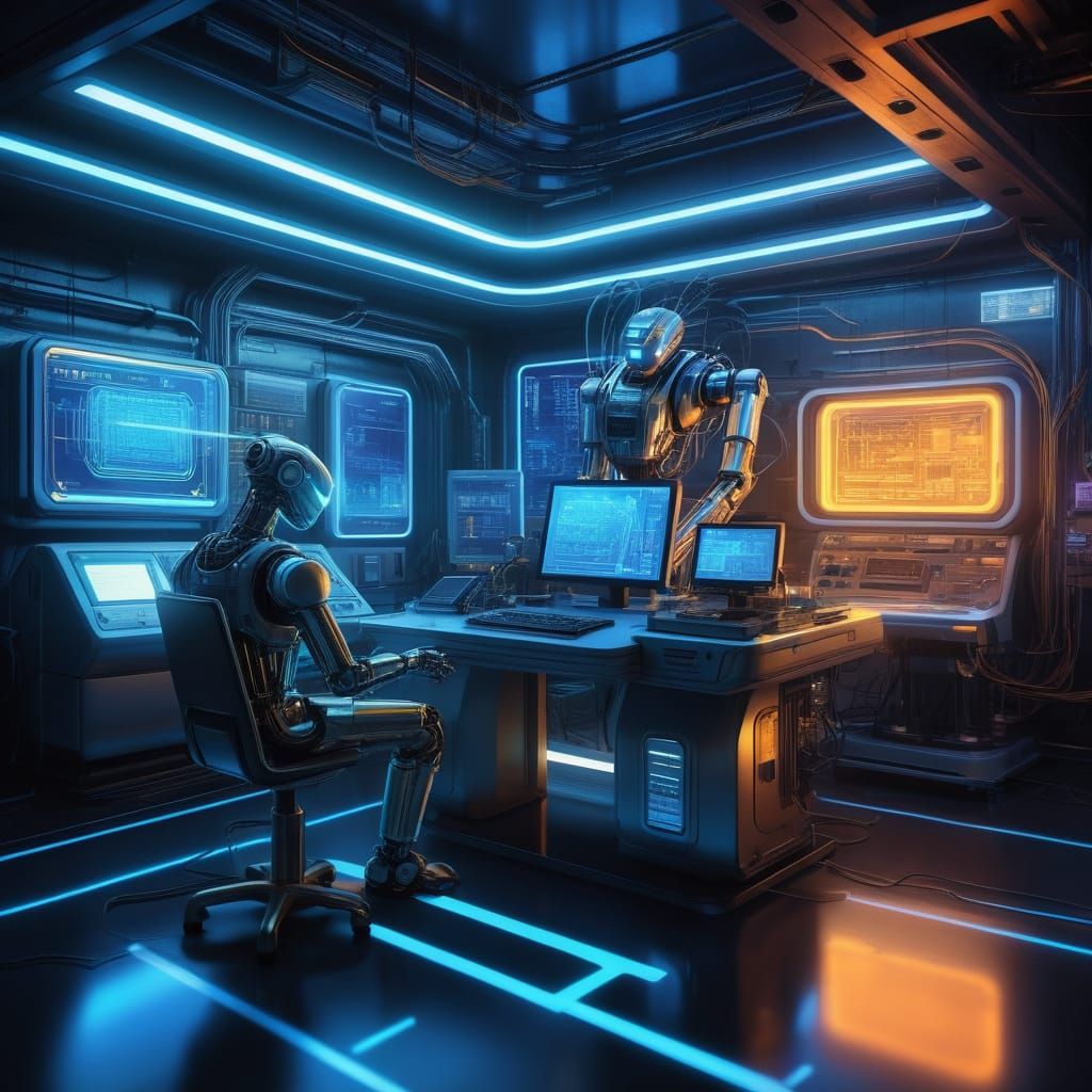 Robot and Human Connect in Futuristic Laboratory