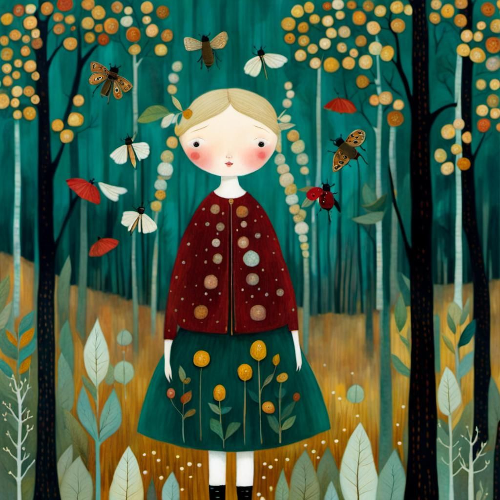 Autumn Woman in Forest, Klimt-Inspired Collage