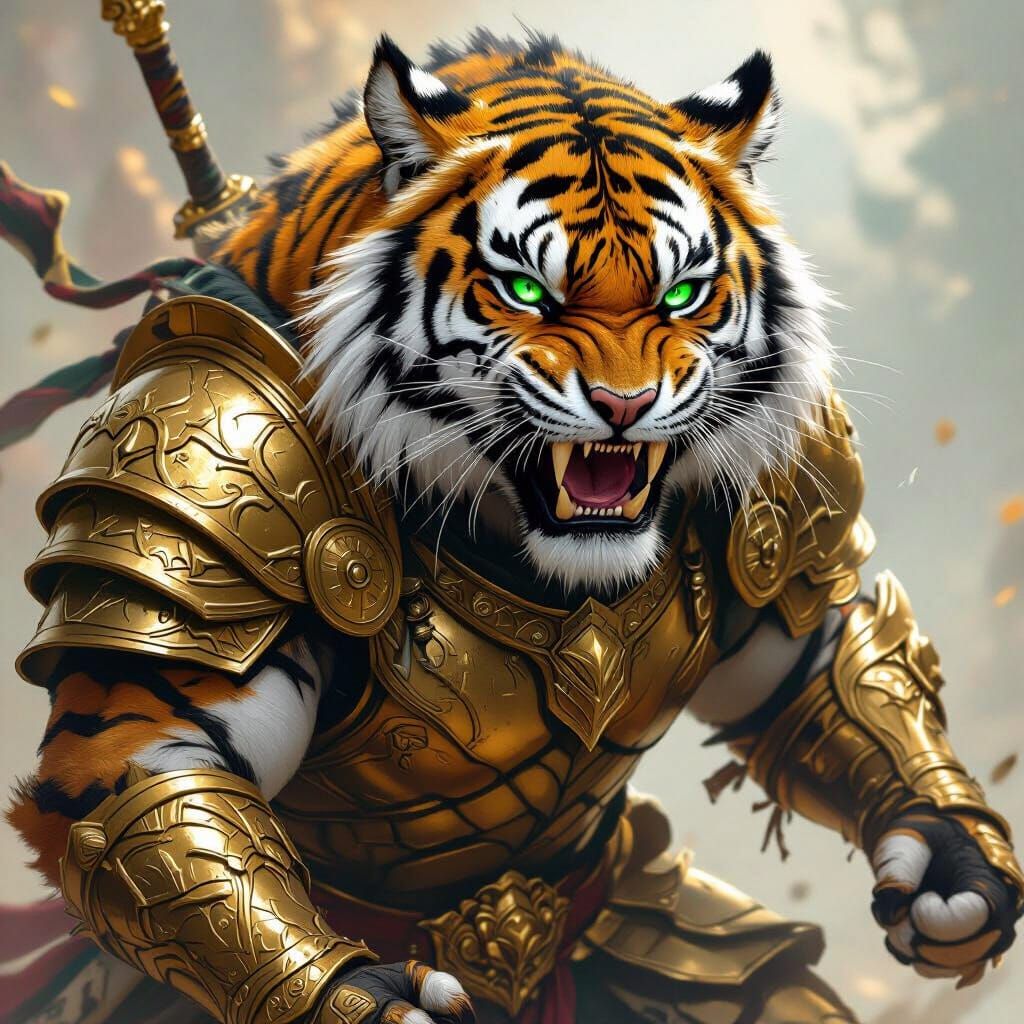 Fierce Armored Tiger Warrior in Fantasy Art Style