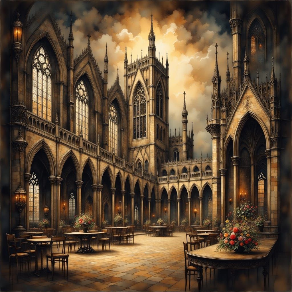 Gothic Cathedral in a Romanticized Stormy Landscape