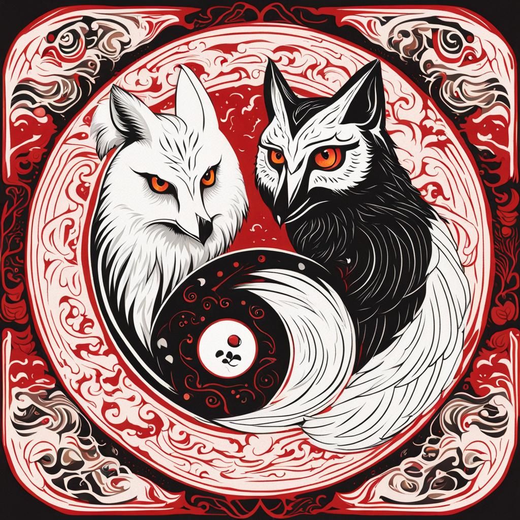 Yin Yang: White Owl and Red Fox Harmony