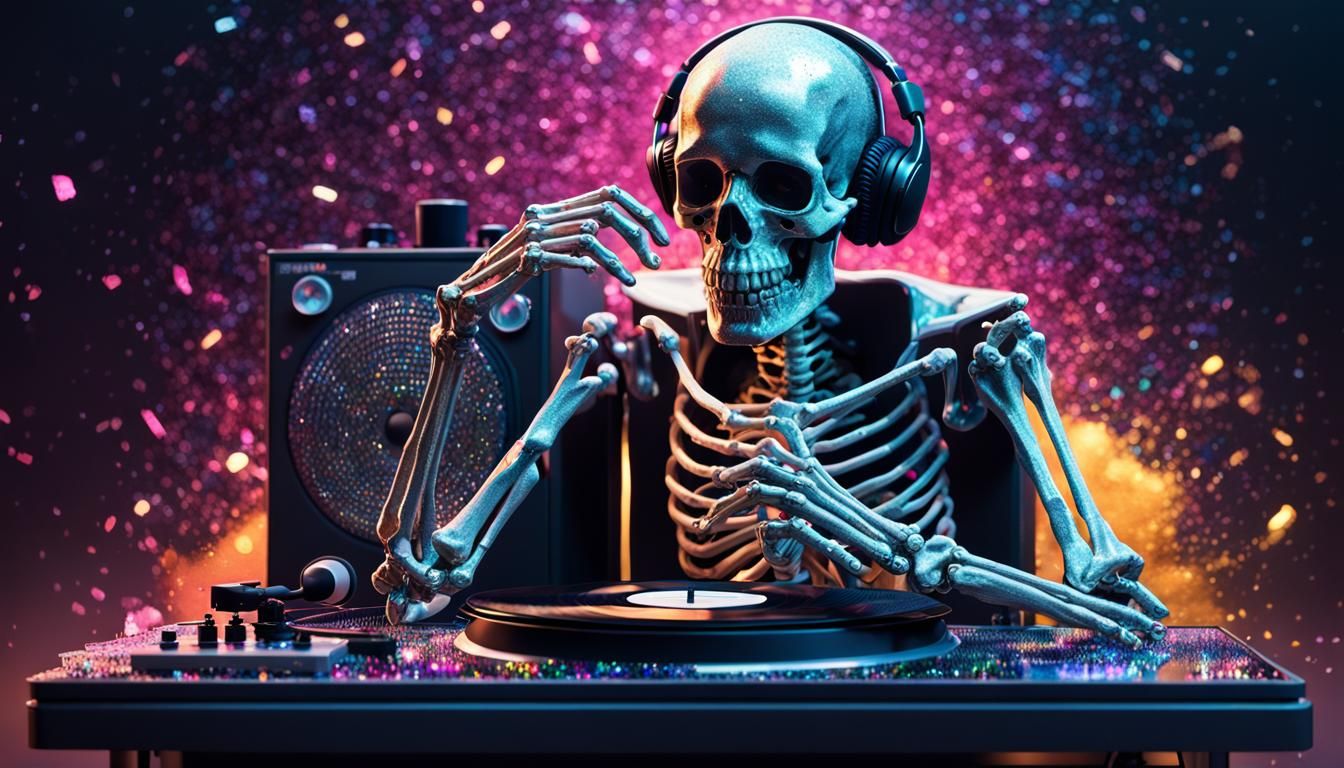 Glitter Skeleton Listens to Music in Hyperrealism