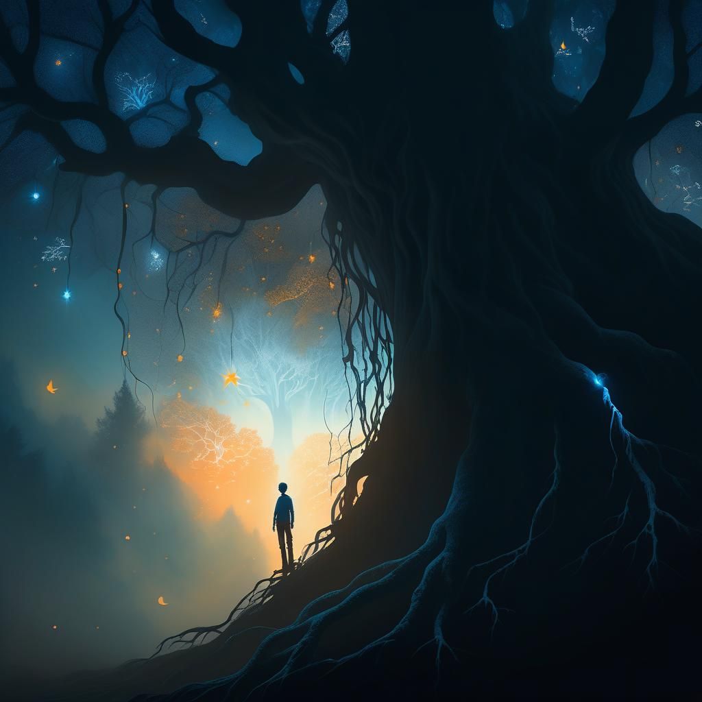 Ethereal Tree in Misty Forest: Surreal Oil Painting