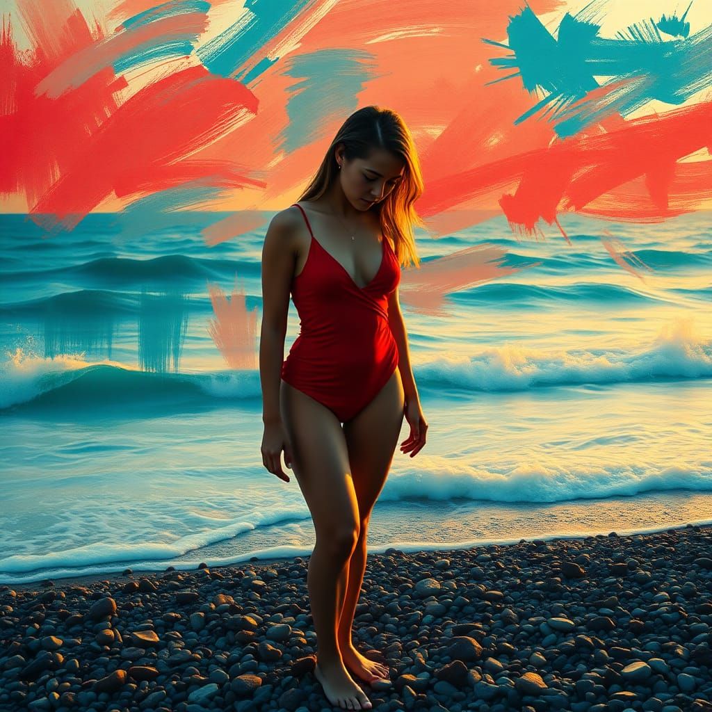 Melancholic Woman on Pebble Beach at Sunrise