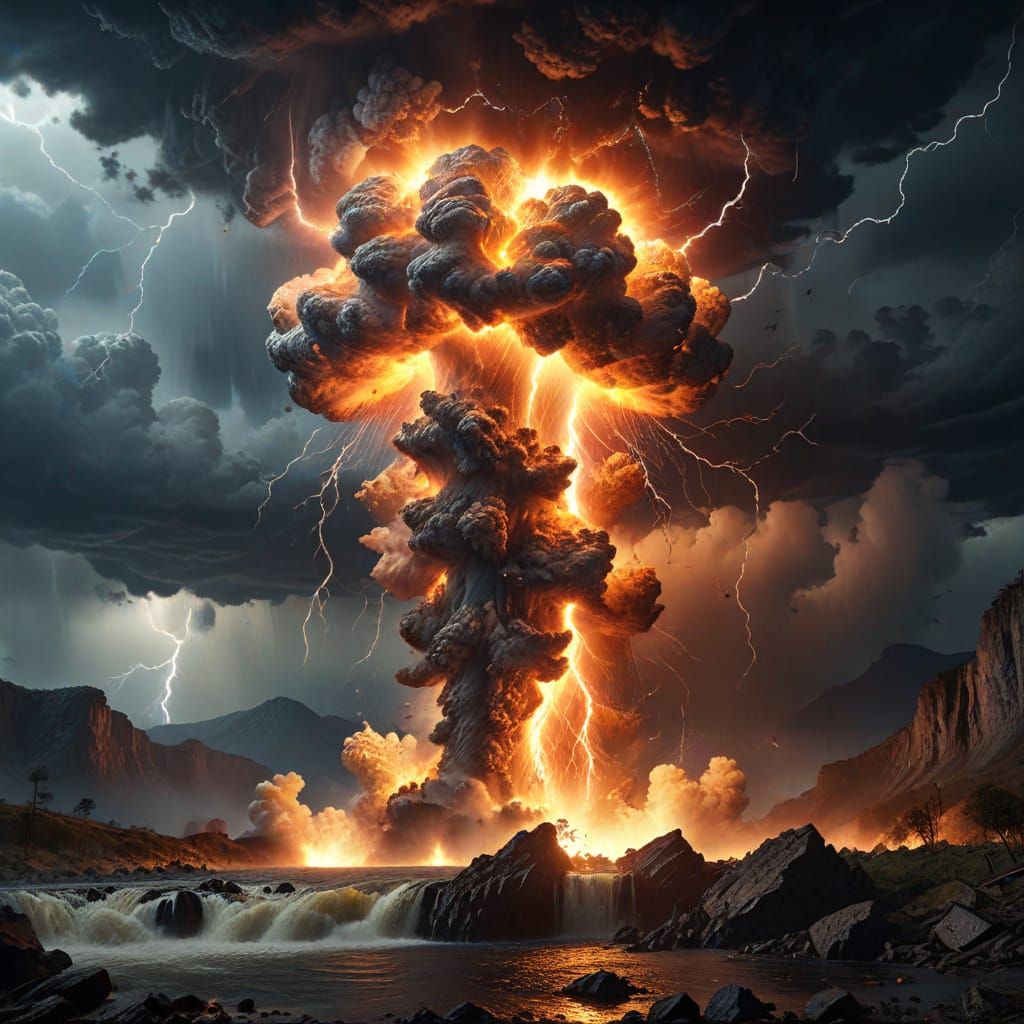 Colossal Nuclear Blast Tears Sky, Energy Waterfall Descends