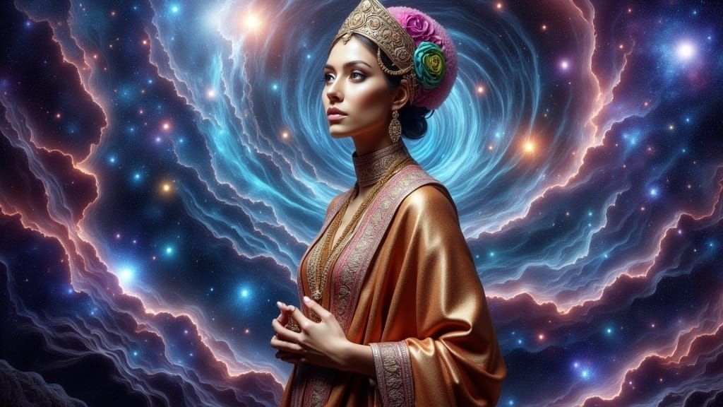 Regal Arabian Nights Figure Amidst Starry Vortex in Vibrant,...