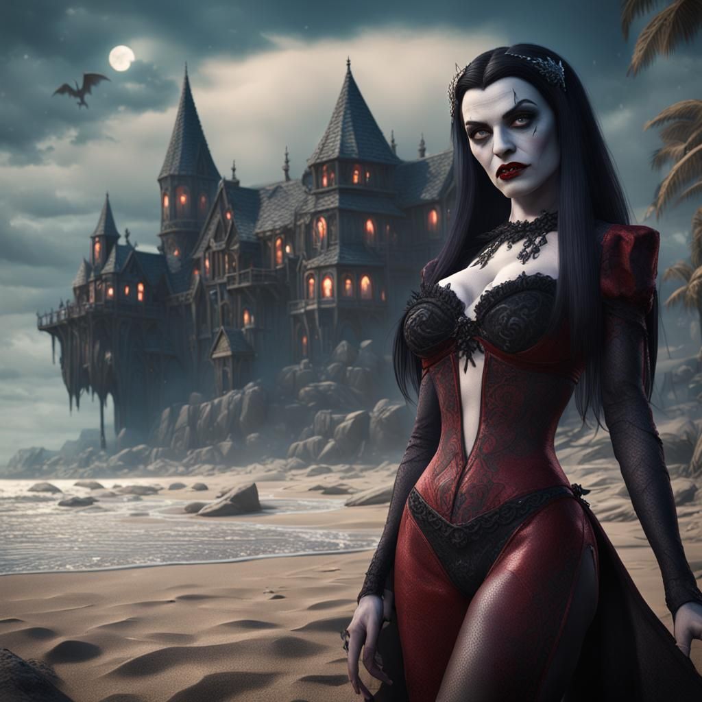 Vampire Lily Munster on the Beach: Detailed Matte Painting
