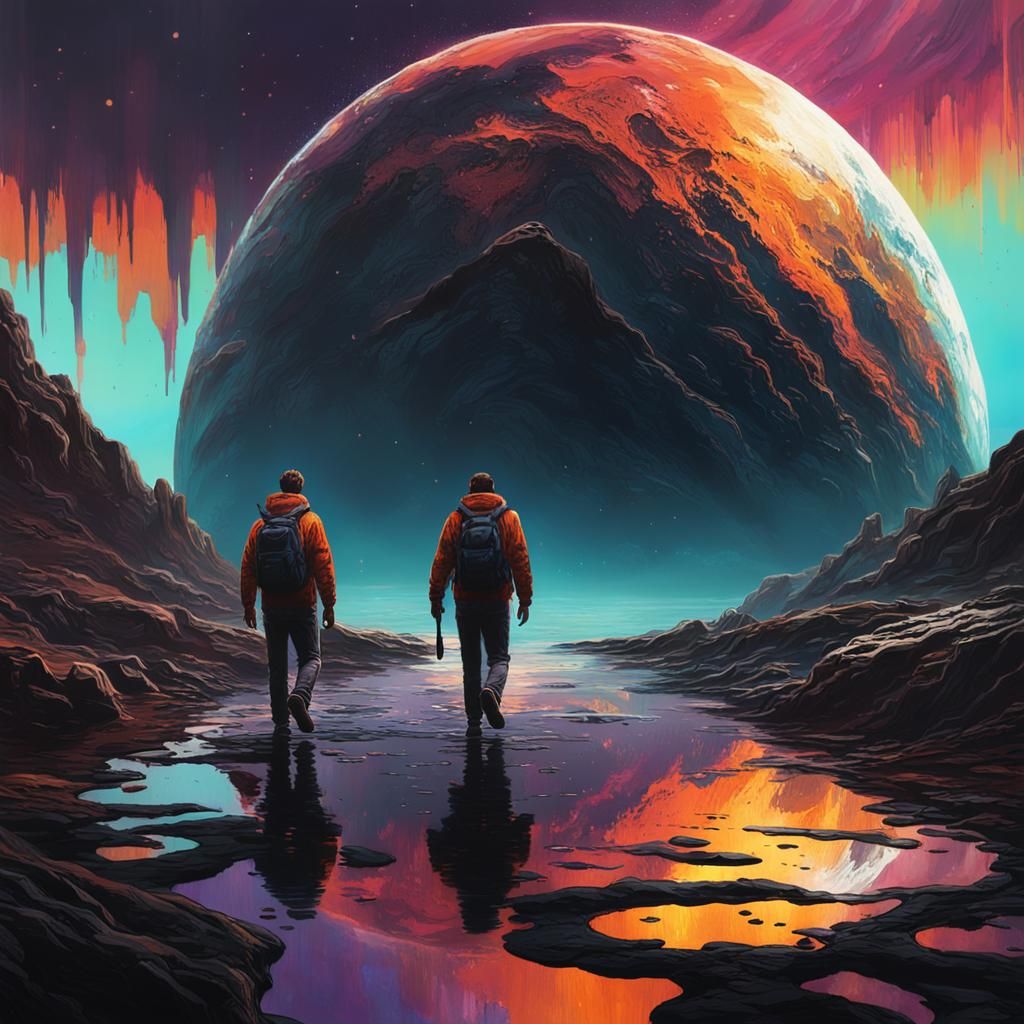 Figures on Alien Planet with Black Water