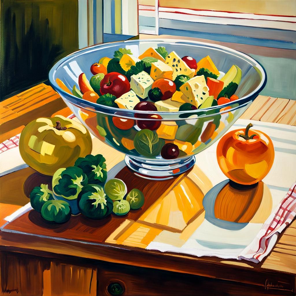 Cheese Salad Still Life in Oil Painting Style