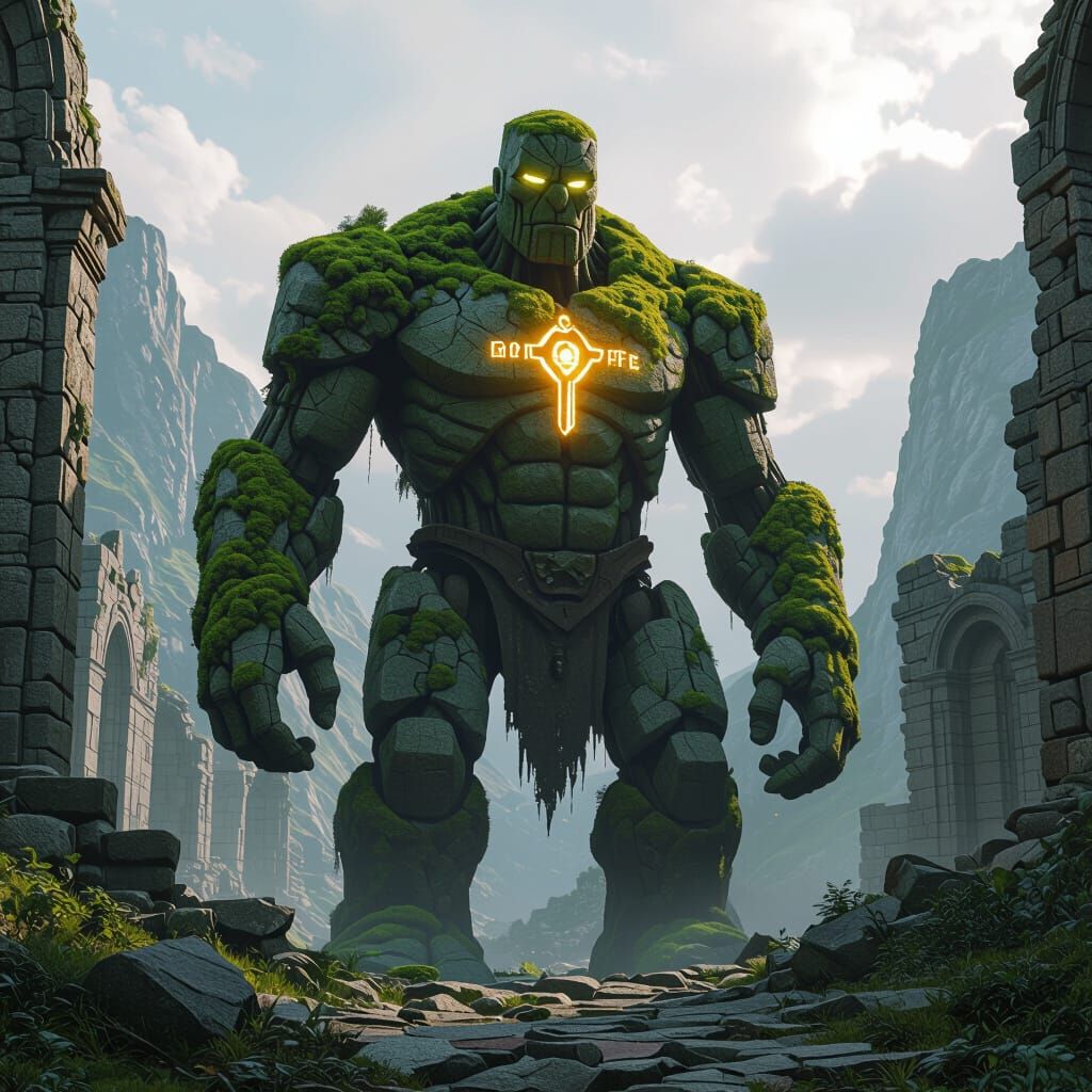 Mossy Stone Golem Guards Ruined Valley in Fantasy Art Style