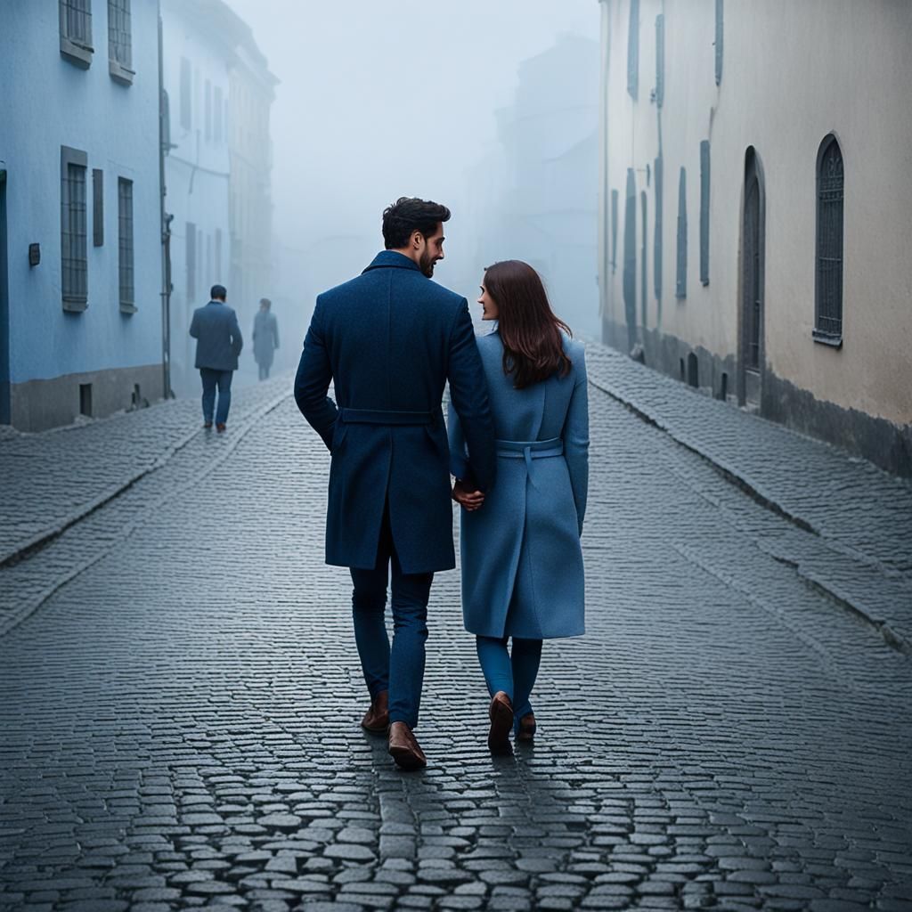Young Couple Walking on Cobblestone Street in Fog