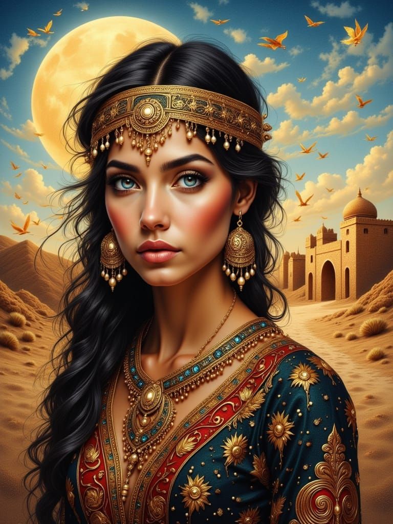 Moroccan Woman with Tassfift Headband in Gouache Style