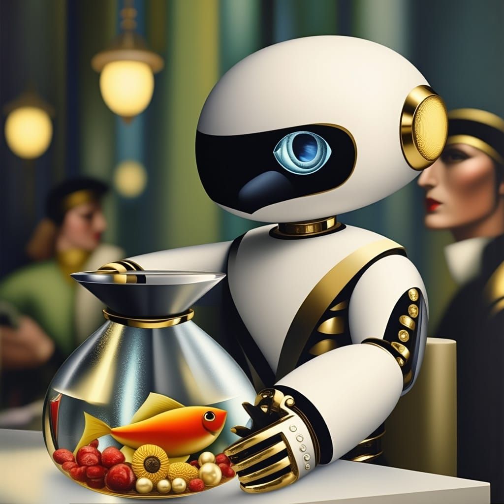 Cute Robot Holding a Fishbowl in Victorian Style